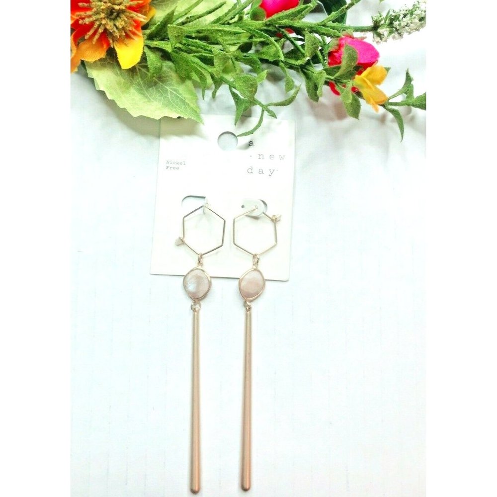 A New Day Semi-Precious Stone Beige Gold-Tone Dangle Drop Long Earrings …